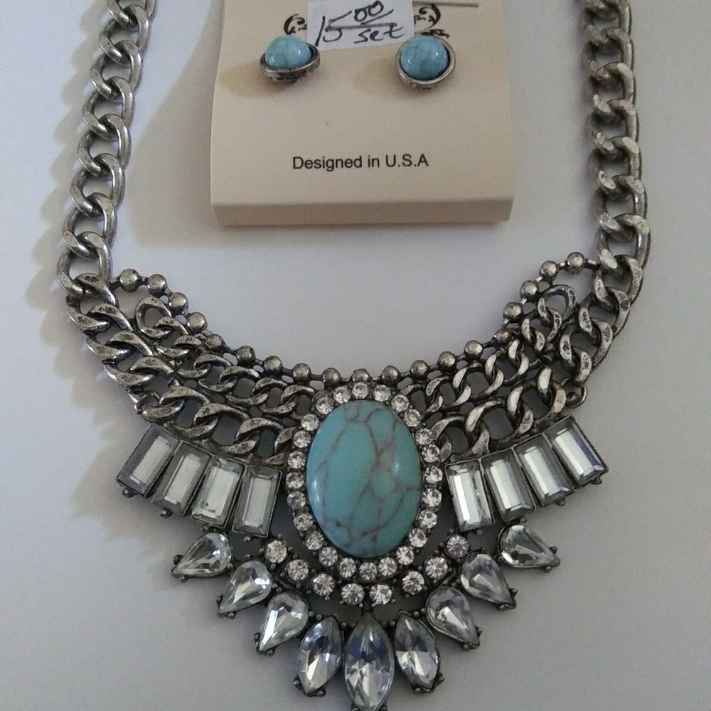 Turquoise & Crystal Statement Necklace Set